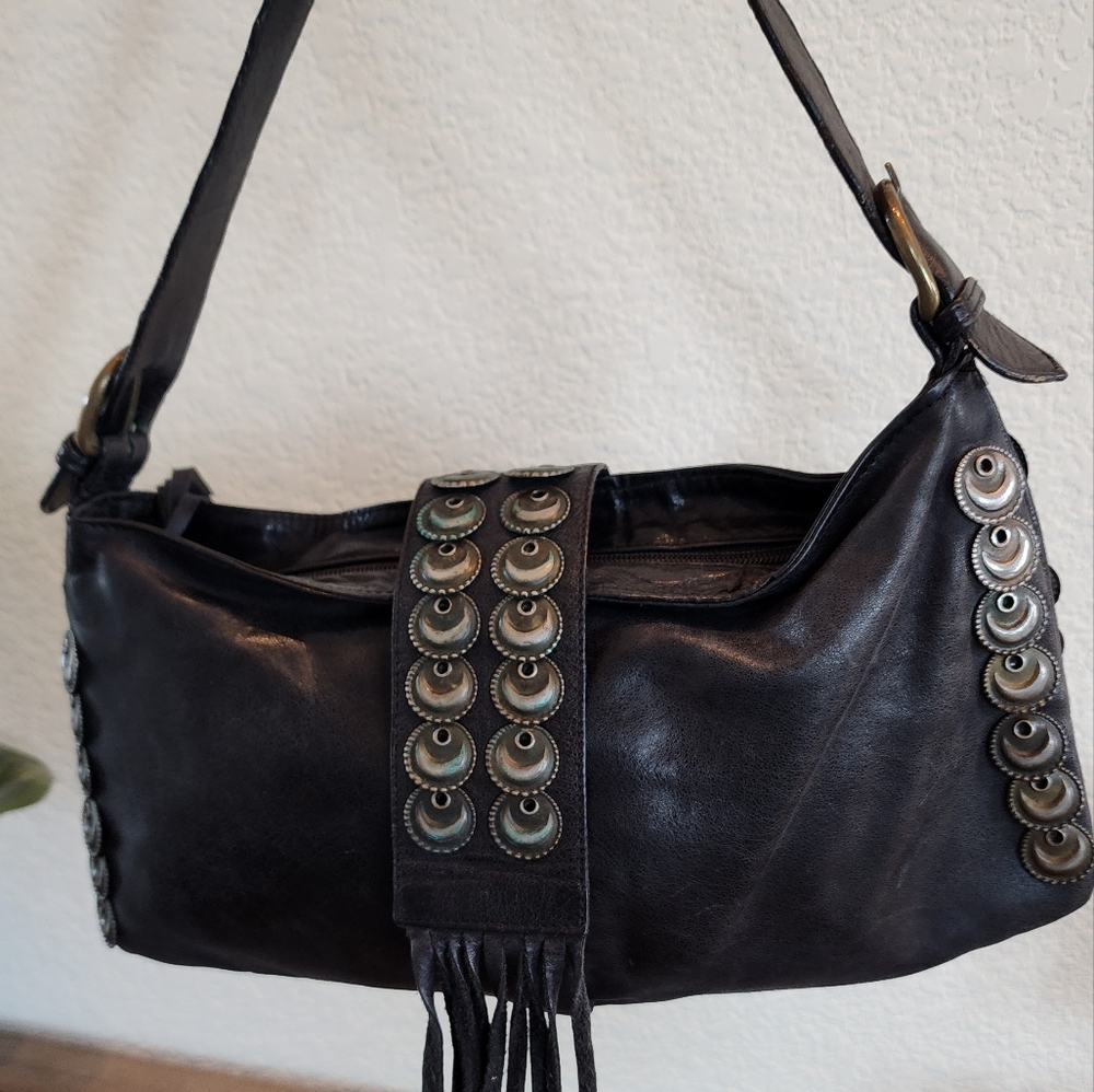 Black Leather Studded Hobo Bag
